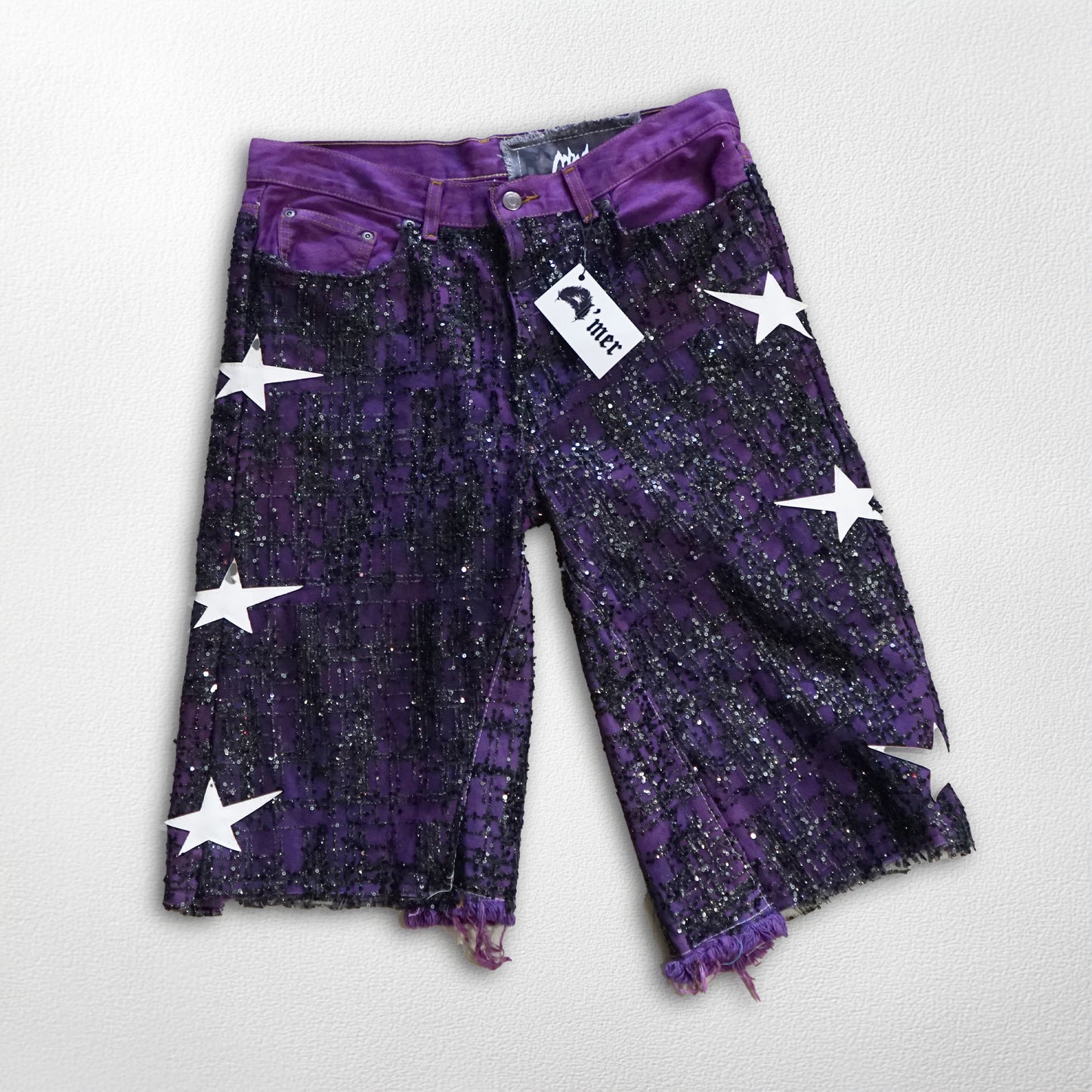 Stellar Spark: Purple & Black Glitter Leather Star Shorts