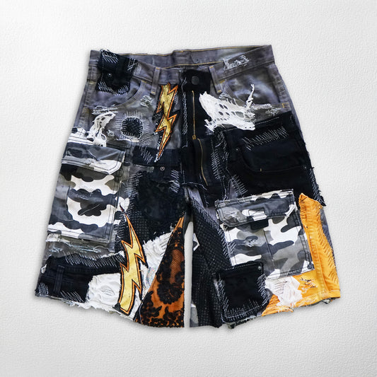 Almer Thunderstrike Shorts - Grey with Lightning & Camouflage Patches